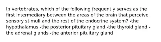 In vertebrates, which of the following frequently serves as the first intermediary between the areas of the brain that perceive sensory stimuli and the rest of the endocrine system? -the hypothalamus -the posterior pituitary gland -the thyroid gland -the adrenal glands -the anterior pituitary gland