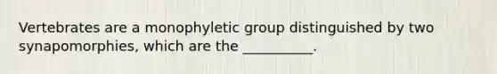 Vertebrates are a monophyletic group distinguished by two synapomorphies, which are the __________.