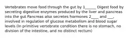 Vertebrates move food through the gut by 1______ Digest food by secreting digestive enzymes produced by the liver and pancreas into the gut Pancreas also secretes hormones 2____ and ___, involved in regulation of glucose metabolism and blood sugar levels (In primitive vertebrate condition there is no stomach, no division of the intestine, and no distinct rectum)