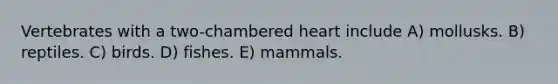 Vertebrates with a two-chambered heart include A) mollusks. B) reptiles. C) birds. D) fishes. E) mammals.