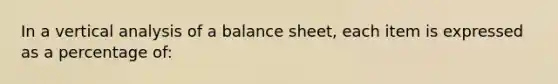 In a vertical analysis of a balance sheet, each item is expressed as a percentage of: