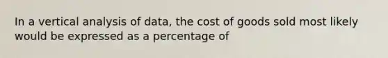 In a vertical analysis of data, the cost of goods sold most likely would be expressed as a percentage of