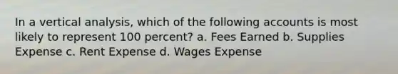 In a vertical analysis, which of the following accounts is most likely to represent 100 percent? a. Fees Earned b. Supplies Expense c. Rent Expense d. Wages Expense