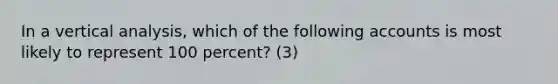 In a vertical analysis, which of the following accounts is most likely to represent 100 percent? (3)