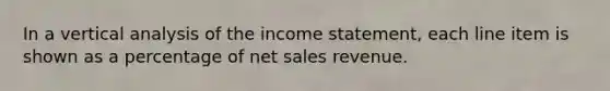 In a vertical analysis of the income​ statement, each line item is shown as a percentage of net sales revenue.