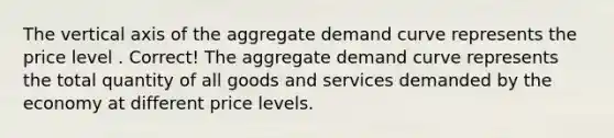 The vertical axis of the aggregate demand curve represents the price level . Correct! The aggregate demand curve represents the total quantity of all goods and services demanded by the economy at different price levels.