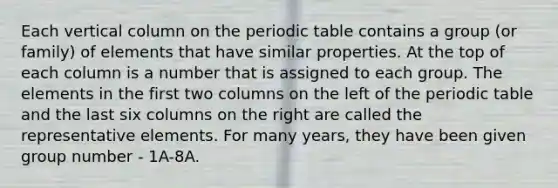 Each vertical column on the periodic table contains a group (or family) of elements that have similar properties. At the top of each column is a number that is assigned to each group. The elements in the first two columns on the left of the periodic table and the last six columns on the right are called the representative elements. For many years, they have been given group number - 1A-8A.