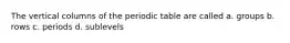 The vertical columns of the periodic table are called a. groups b. rows c. periods d. sublevels