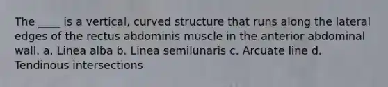 The ____ is a vertical, curved structure that runs along the lateral edges of the rectus abdominis muscle in the anterior abdominal wall. a. Linea alba b. Linea semilunaris c. Arcuate line d. Tendinous intersections