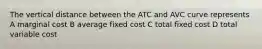 The vertical distance between the ATC and AVC curve represents A marginal cost B average fixed cost C total fixed cost D total variable cost