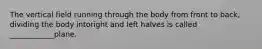 The vertical field running through the body from front to back, dividing the body intoright and left halves is called ____________plane.