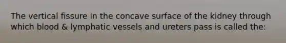 The vertical fissure in the concave surface of the kidney through which blood & <a href='https://www.questionai.com/knowledge/ki6sUebkzn-lymphatic-vessels' class='anchor-knowledge'>lymphatic vessels</a> and ureters pass is called the:
