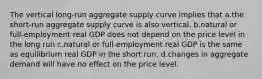 The vertical long-run aggregate supply curve implies that a.the short-run aggregate supply curve is also vertical. b.natural or full-employment real GDP does not depend on the price level in the long run c.natural or full-employment real GDP is the same as equilibrium real GDP in the short run. d.changes in aggregate demand will have no effect on the price level.