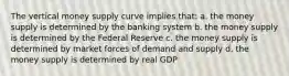 The vertical money supply curve implies that: a. the money supply is determined by the banking system b. the money supply is determined by the Federal Reserve c. the money supply is determined by market forces of demand and supply d. the money supply is determined by real GDP