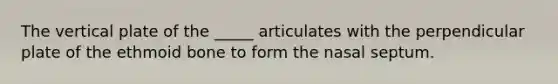 The vertical plate of the _____ articulates with the perpendicular plate of the ethmoid bone to form the nasal septum.