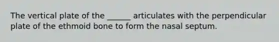 The vertical plate of the ______ articulates with the perpendicular plate of the ethmoid bone to form the nasal septum.