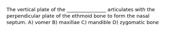 The vertical plate of the ________________ articulates with the perpendicular plate of the ethmoid bone to form the nasal septum. A) vomer B) maxillae C) mandible D) zygomatic bone