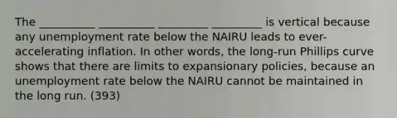 The __________ __________ _________ _________ is vertical because any <a href='https://www.questionai.com/knowledge/kh7PJ5HsOk-unemployment-rate' class='anchor-knowledge'>unemployment rate</a> below the NAIRU leads to ever-accelerating inflation. In other words, the long-run Phillips curve shows that there are limits to expansionary policies, because an unemployment rate below the NAIRU cannot be maintained in the long run. (393)