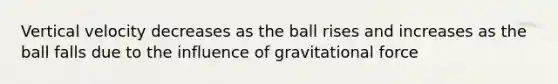 Vertical velocity decreases as the ball rises and increases as the ball falls due to the influence of gravitational force