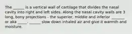 The ______ is a vertical wall of cartilage that divides the nasal cavity into right and left sides. Along the nasal cavity walls are 3 long, bony projections - the superior, middle and inferior _______ or aka _____. ______ slow down inhaled air and give it warmth and moisture.