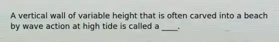 A vertical wall of variable height that is often carved into a beach by wave action at high tide is called a ____.