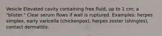 Vesicle Elevated cavity containing free fluid, up to 1 cm; a "blister." Clear serum flows if wall is ruptured. Examples: herpes simplex, early varicella (chickenpox), herpes zoster (shingles), contact dermatitis.