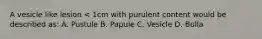 A vesicle like lesion < 1cm with purulent content would be described as: A. Pustule B. Papule C. Vesicle D. Bulla