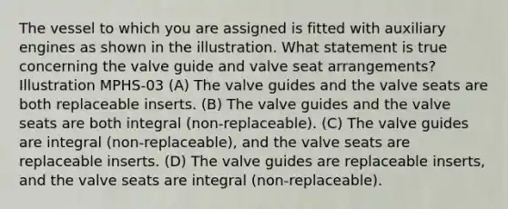 The vessel to which you are assigned is fitted with auxiliary engines as shown in the illustration. What statement is true concerning the valve guide and valve seat arrangements? Illustration MPHS-03 (A) The valve guides and the valve seats are both replaceable inserts. (B) The valve guides and the valve seats are both integral (non-replaceable). (C) The valve guides are integral (non-replaceable), and the valve seats are replaceable inserts. (D) The valve guides are replaceable inserts, and the valve seats are integral (non-replaceable).