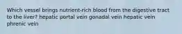 Which vessel brings nutrient-rich blood from the digestive tract to the liver? hepatic portal vein gonadal vein hepatic vein phrenic vein