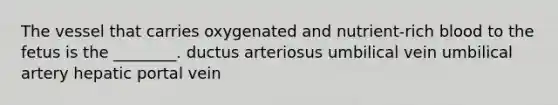 The vessel that carries oxygenated and nutrient-rich blood to the fetus is the ________. ductus arteriosus umbilical vein umbilical artery hepatic portal vein