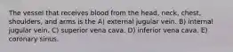 The vessel that receives blood from the head, neck, chest, shoulders, and arms is the A) external jugular vein. B) internal jugular vein. C) superior vena cava. D) inferior vena cava. E) coronary sinus.