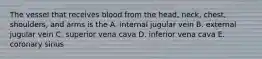 The vessel that receives blood from the head, neck, chest, shoulders, and arms is the A. internal jugular vein B. external jugular vein C. superior vena cava D. inferior vena cava E. coronary sinus