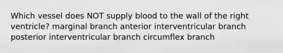 Which vessel does NOT supply blood to the wall of the right ventricle? marginal branch anterior interventricular branch posterior interventricular branch circumflex branch