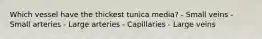 Which vessel have the thickest tunica media? - Small veins - Small arteries - Large arteries - Capillaries - Large veins