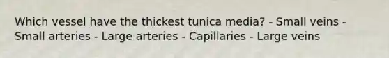 Which vessel have the thickest tunica media? - Small veins - Small arteries - Large arteries - Capillaries - Large veins