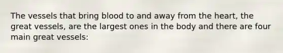 The vessels that bring blood to and away from the heart, the great vessels, are the largest ones in the body and there are four main great vessels: