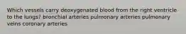 Which vessels carry deoxygenated blood from the right ventricle to the lungs? bronchial arteries pulmonary arteries pulmonary veins coronary arteries