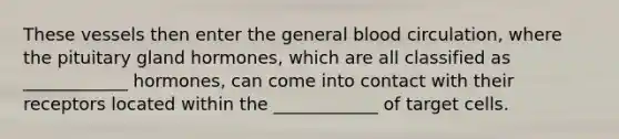 These vessels then enter the general blood circulation, where the pituitary gland hormones, which are all classified as ____________ hormones, can come into contact with their receptors located within the ____________ of target cells.