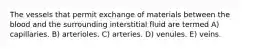 The vessels that permit exchange of materials between the blood and the surrounding interstitial fluid are termed A) capillaries. B) arterioles. C) arteries. D) venules. E) veins.