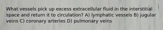 What vessels pick up excess extracellular fluid in the interstitial space and return it to circulation? A) lymphatic vessels B) jugular veins C) coronary arteries D) pulmonary veins