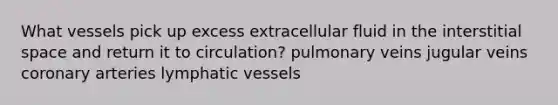 What vessels pick up excess extracellular fluid in the interstitial space and return it to circulation? pulmonary veins jugular veins coronary arteries lymphatic vessels