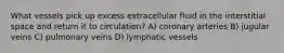 What vessels pick up excess extracellular fluid in the interstitial space and return it to circulation? A) coronary arteries B) jugular veins C) pulmonary veins D) lymphatic vessels