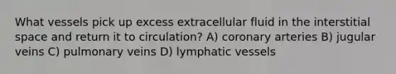 What vessels pick up excess extracellular fluid in the interstitial space and return it to circulation? A) coronary arteries B) jugular veins C) pulmonary veins D) lymphatic vessels