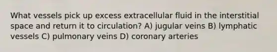 What vessels pick up excess extracellular fluid in the interstitial space and return it to circulation? A) jugular veins B) lymphatic vessels C) pulmonary veins D) coronary arteries