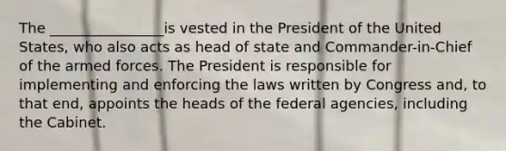 The ________________is vested in the President of the United States, who also acts as head of state and Commander-in-Chief of the armed forces. The President is responsible for implementing and enforcing the laws written by Congress and, to that end, appoints the heads of the federal agencies, including the Cabinet.