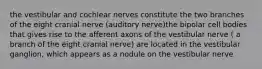 the vestibular and cochlear nerves constitute the two branches of the eight cranial nerve (auditory nerve)the bipolar cell bodies that gives rise to the afferent axons of the vestibular nerve ( a branch of the eight cranial nerve) are located in the vestibular ganglion, which appears as a nodule on the vestibular nerve