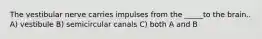 The vestibular nerve carries impulses from the _____to the brain.. A) vestibule B) semicircular canals C) both A and B