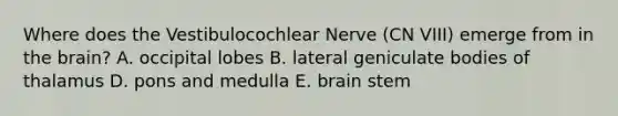 Where does the Vestibulocochlear Nerve (CN VIII) emerge from in the brain? A. occipital lobes B. lateral geniculate bodies of thalamus D. pons and medulla E. brain stem