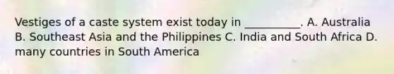 Vestiges of a caste system exist today in __________. A. Australia B. Southeast Asia and the Philippines C. India and South Africa D. many countries in South America