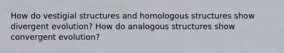 How do vestigial structures and homologous structures show divergent evolution? How do analogous structures show convergent evolution?